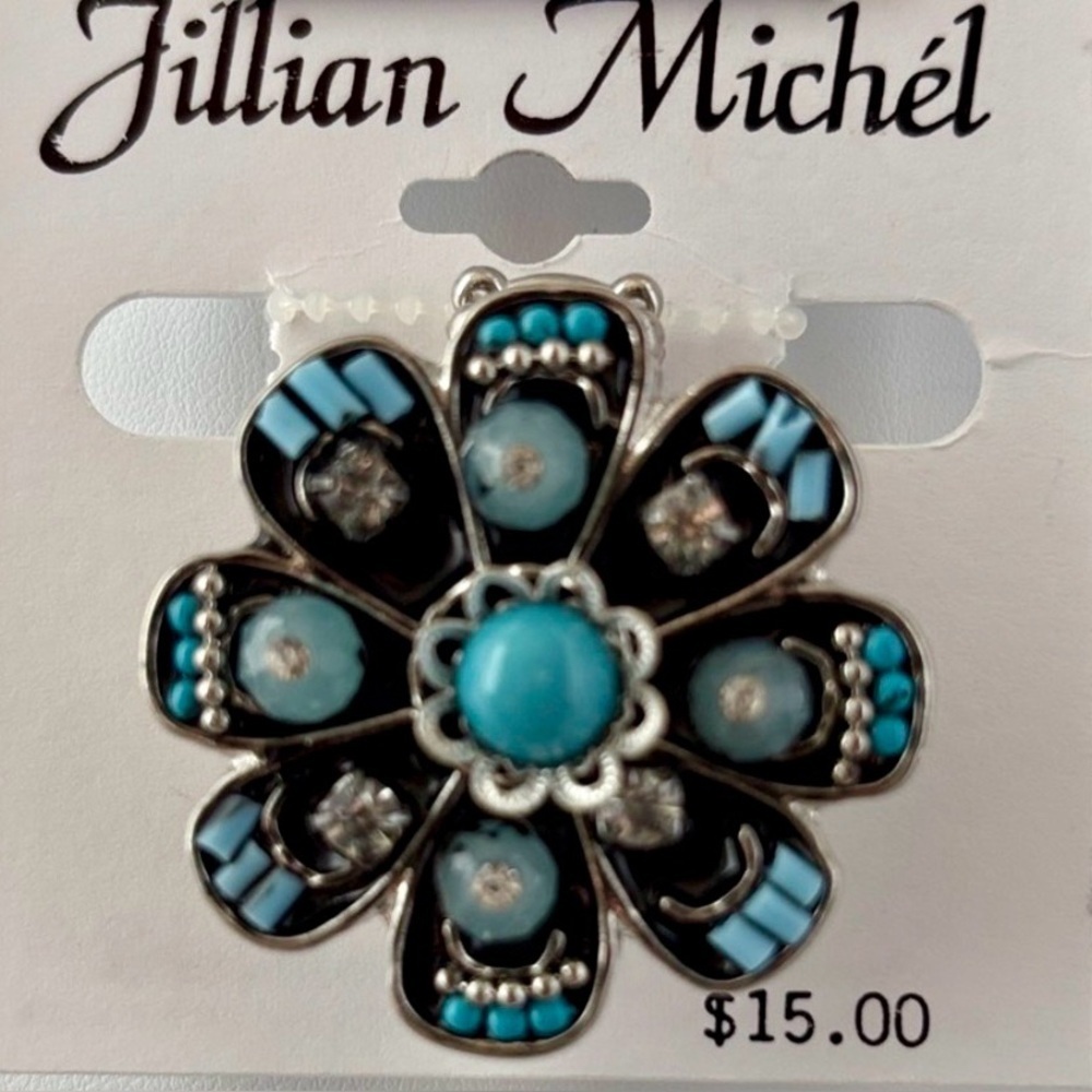 Jillian Michel Flower Turquoise stones, silvertone, black stretch ring